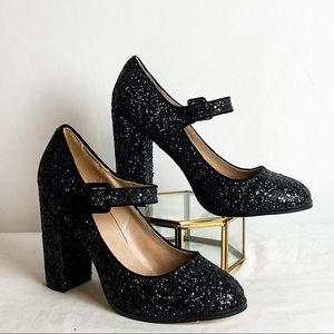 MIX NO. 6 black chunky heel glitter Mary Jane pumps
